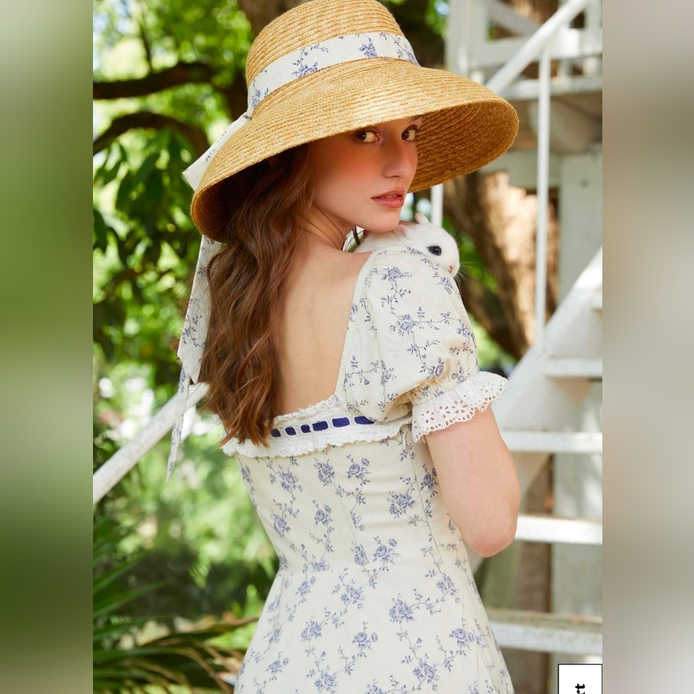 Floral Lace-Up Puff Sleeve Midi Dress in Cream and Blue - Picture 3 of 11